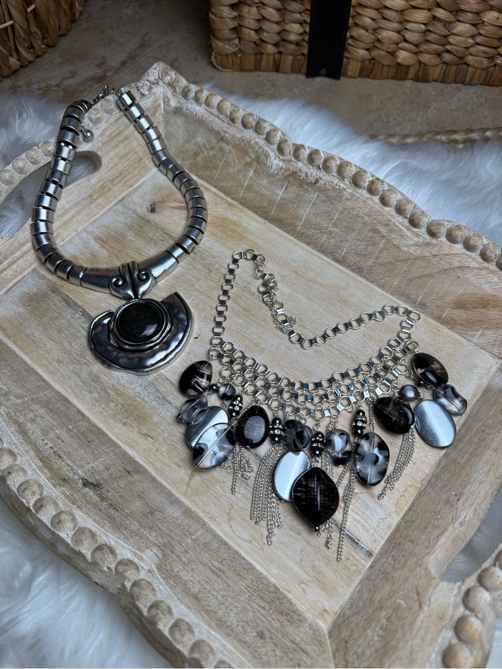 Elegant Black & Silver Statement Necklace Set